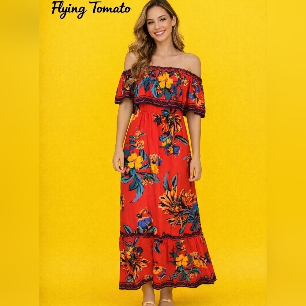 Flying TOMATO Dainty Red Tropical Floral Off Shoulder Beach Fiesta Tiki Dress